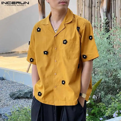 INCERUN Tops 2024 Korean Style Fashion Men's Flower Patchwork Shirts Casual Personalized Funny Lapel Short Sleeved Blouse S-5XL