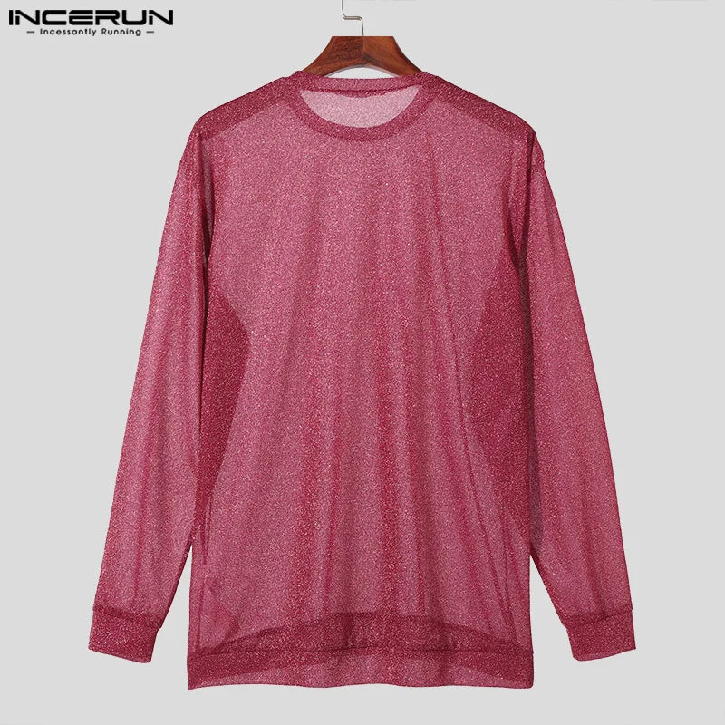 INCERUN Tops 2024 American Style New Mens Flash Mesh Perspective Design T-shirts Fashion O-neck Long Sleeved Thin Camiseta S-5XL