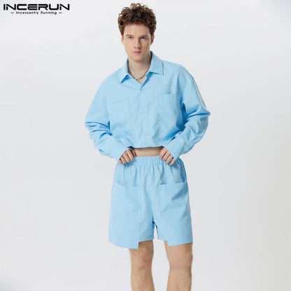 Fashion Well Fitting Sets INCERUN Men Solid Cropped Large Pocket Long Sleeved Shirts Shorts Casual Clubwear Two-piece Sets S-5XL