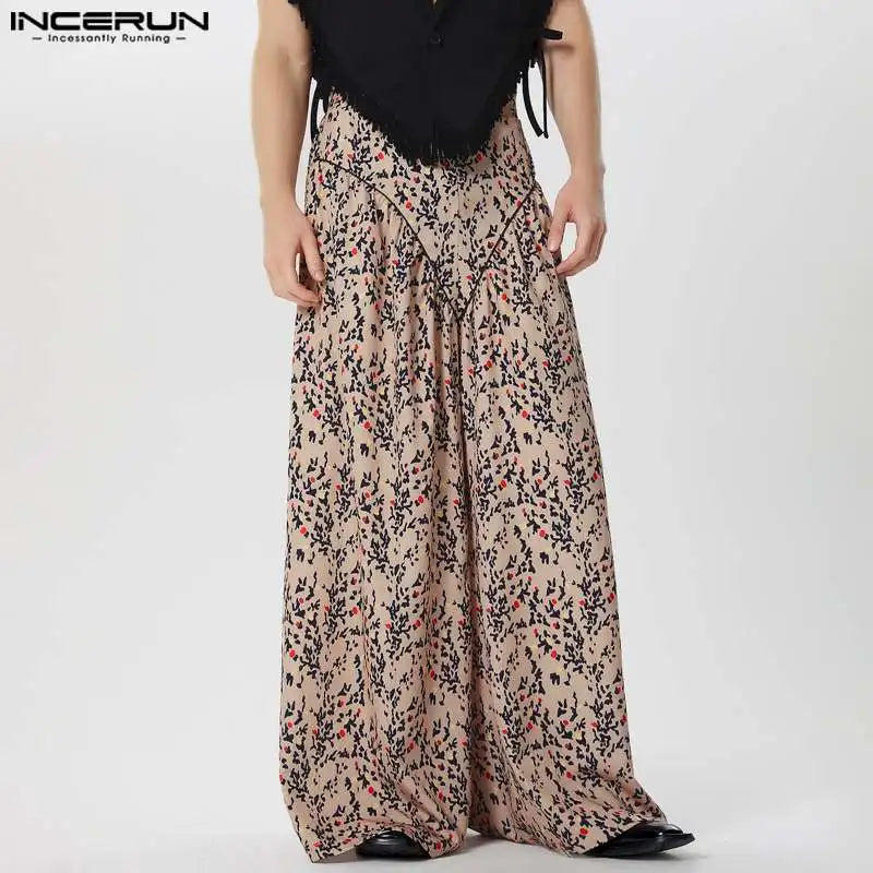 INCERUN 2024 American Style Pantalons Men Ethnic Printed High Waisted Silhouette Pants Casual Well Fitting Loose Trousers S-5XL