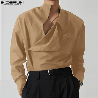 INCERUN Tops 2023 Korean Style New Men's Diagonal Placket Solid Simple All-match Blouse Fashion Casual Long Sleeved Shirts S-5XL