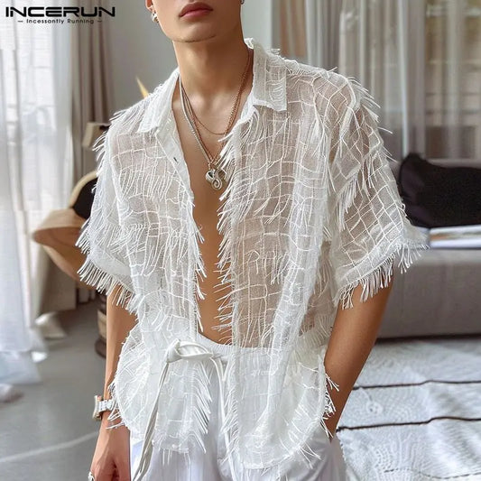 INCERUN Tops 2024 American Style Men's Tassel Chiffon Perspective Shirts Casual Vacation Summer Short Sleeved Lapel Shirts S-5XL