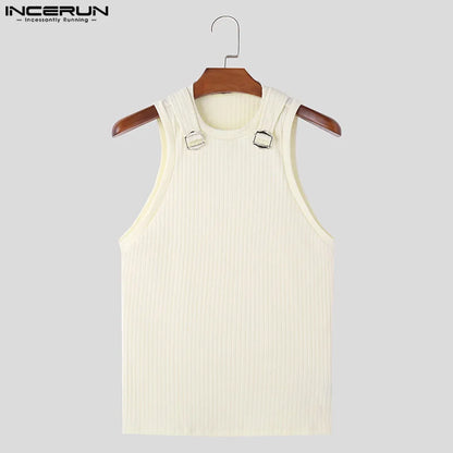 INCERUN Tops 2024 Korean Style Mens Casual Streetwear Solid Striped Metal Buckle Vests Summer Male Sleeveless O-neck Vests S-5XL