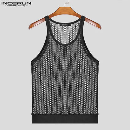 INCERUN Tops 2024 Style Américain Mode Nouveaux Hommes Creux Maille Perspective Gilets Sexy Mince Confortable Sans Manches Débardeurs S-5XL