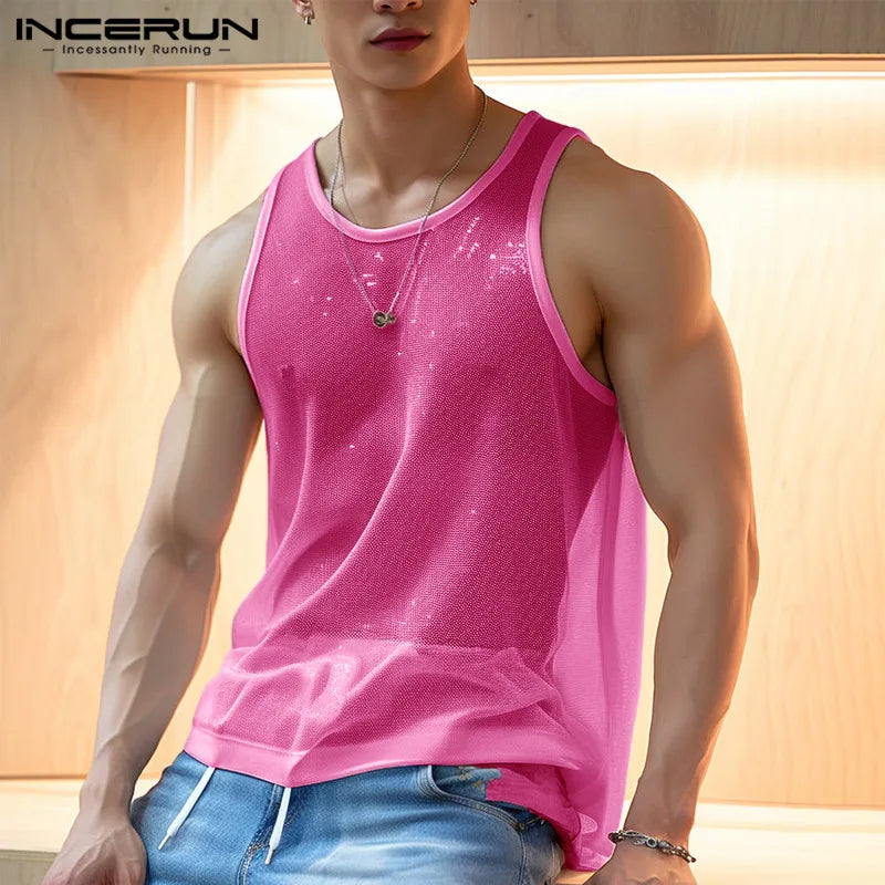 Men Tank Tops Solid O-neck Sleeve Mesh Transparent Sexy Vests Streetwear 2024 Fashion Party Casual Men Clothing S-5XL INCERUN