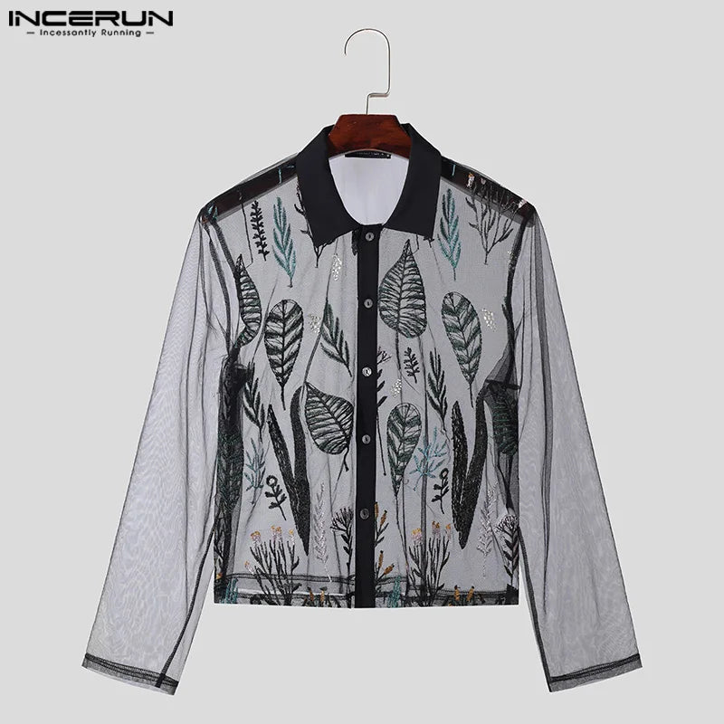 INCERUN Tops 2024 American Style Sexy New Men's Jacquard Perspective Design Shirts Casual Fashion Thin Long Sleeved Blouse S-5XL