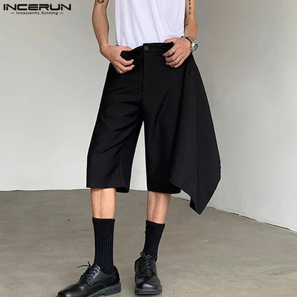 INCERUN 2024 Korean Style Shorts Men's Irregular Fake Two-piece Design Shorts Summer Casual Well Fitting Male Solid Shorts S-5XL