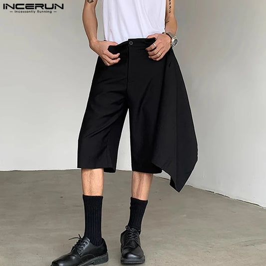 INCERUN 2024 Shorts de style coréen pour hommes, faux shorts de conception irrégulière en deux pièces, shorts d'été décontractés bien ajustés pour hommes, shorts solides S-5XL