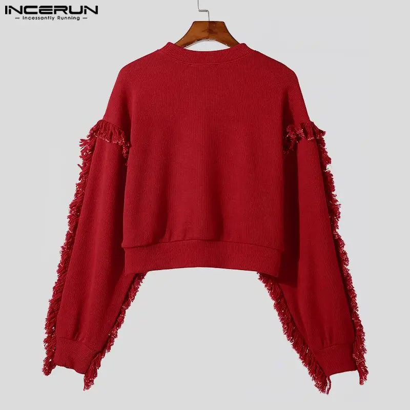 INCERUN Tops 2023 Korean Style New Men's Pullover Design Solid All-match Sweatshirts Tassels Trimmed Long Sleeved Sweaters S-5XL