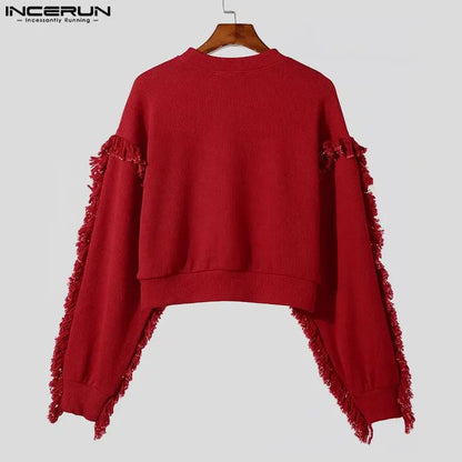 INCERUN Tops 2023 Korean Style New Men's Pullover Design Solid All-match Sweatshirts Tassels Trimmed Long Sleeved Sweaters S-5XL