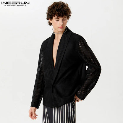 INCERUN Tops 2024 American Style Handsome Mens Hollow Mesh Solid Blazer Casual Streetwear Hot Sale Long Sleeved Suit Coats S-5XL