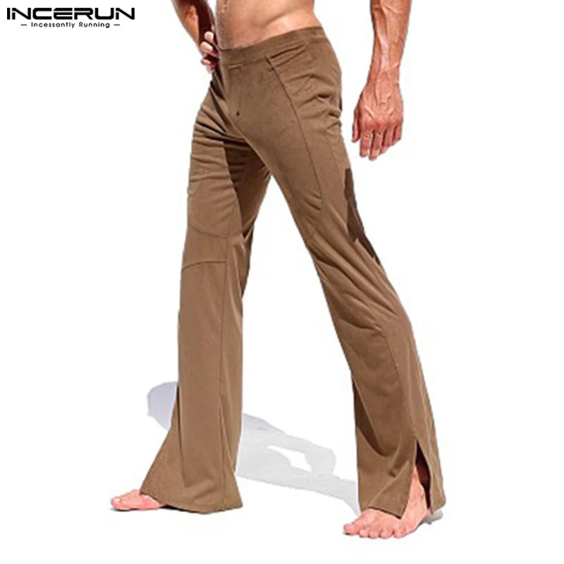 INCERUN 2024 American Style Trousers Stylish Men's Suede Split Pants Leisure Streetwear Personality Solid Color Pantalons S-5XL