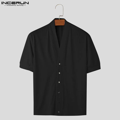 INCERUN Tops 2024 Korean Style New Mens Simple Striped V-neck Short Sleeved T-shirts Casual Streetwear Male Solid Camiseta S-5XL