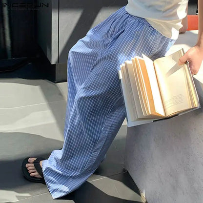 INCERUN 2024 Korean Style Trousers Men's Thin Vertical Stripe Design Long Pants Casual Streetwear Male Wide Leg Pantalons S-5XL