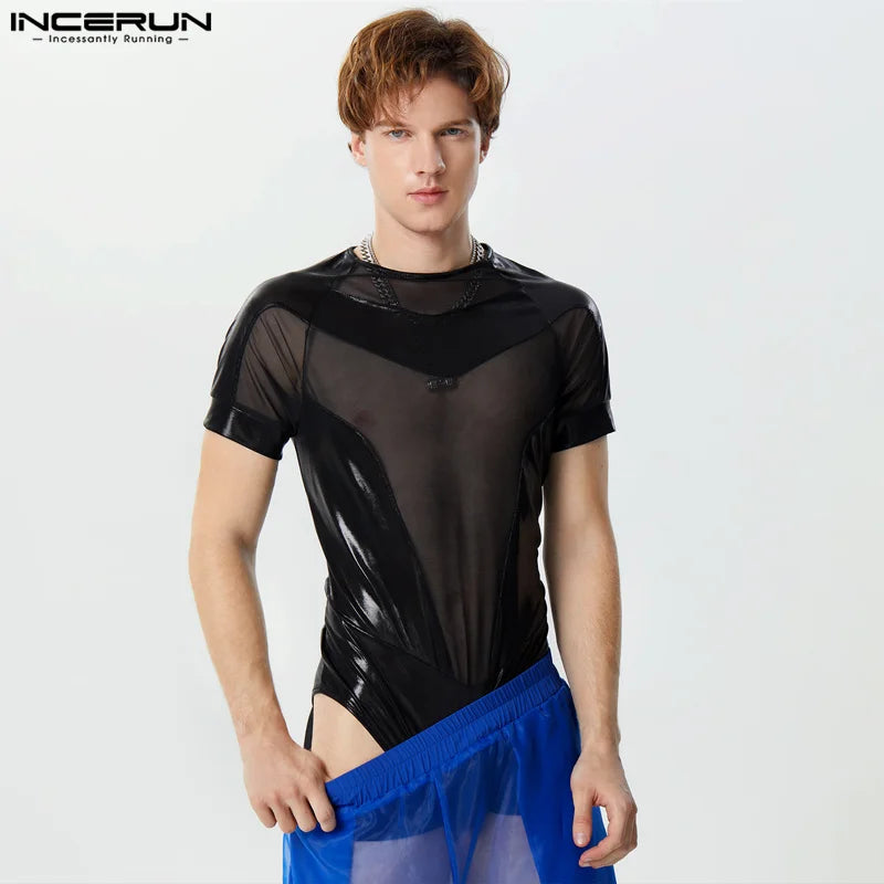 INCERUN 2024 Herren Bodysuits Mesh Patchwork Shiny O-Ausschnitt Kurzarm Strampler Transparent Streetwear Fashion Bodysuit S-3XL