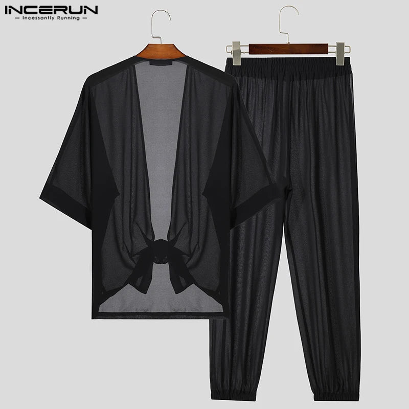 INCERUN Men Sets Solid Transparent Loose V Neck Short Sleeve Shirt & Split Pants 2PCS Streetwear 2024 Sexy Fashion Men's Suits