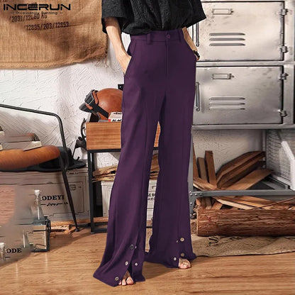 INCERUN 2024 Korean Style Pantalons Stylish New Men Metal Button Slit Long Pant Leisure Streetwear Loose Wide Leg Trousers S-5XL