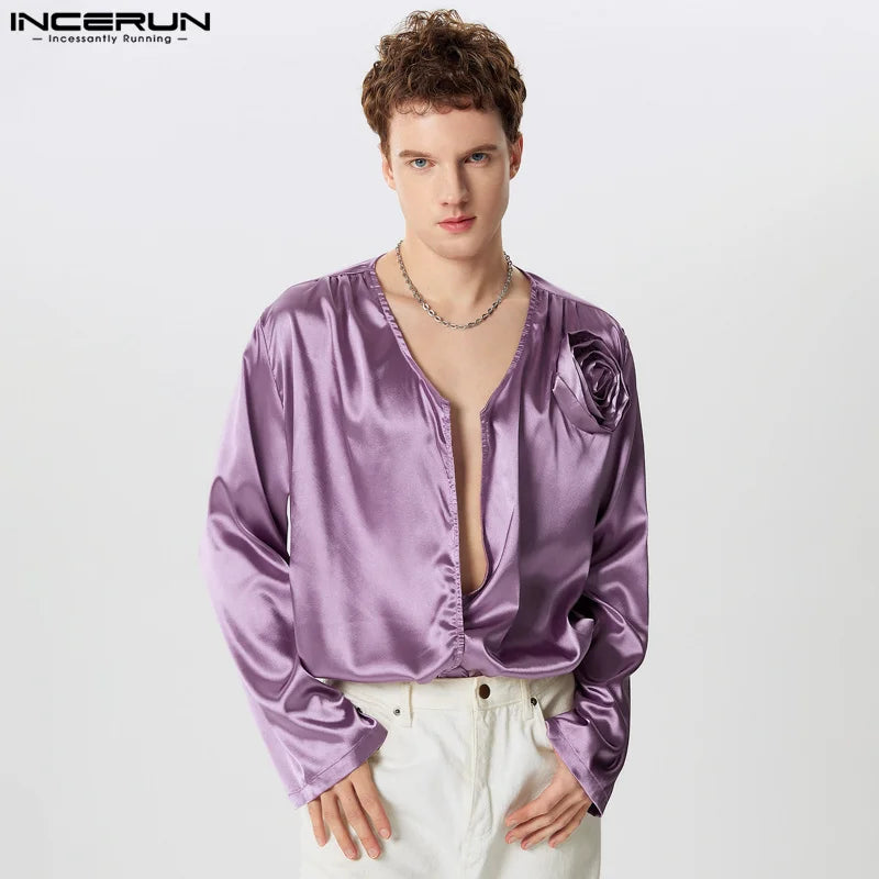 INCERUN Tops 2024 Korean Style Fashion Men's Satin Floral Decoration Shirts Sexy Male Hot Sale V-neck Short Sleeved Blouse S-5XL