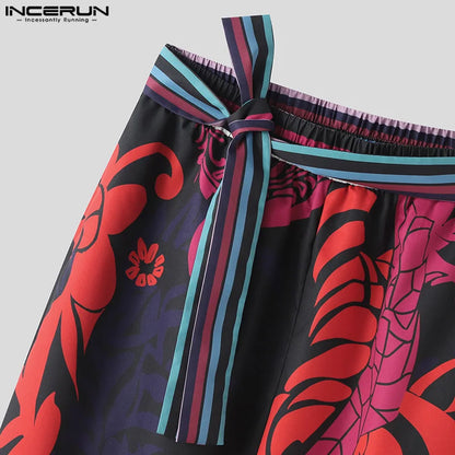 INCERUN 2024 American Style Trousers Fashion Men's Personality Floral Print Pant Casual Streetwear Hot Sale Belt Pantalons S-5XL