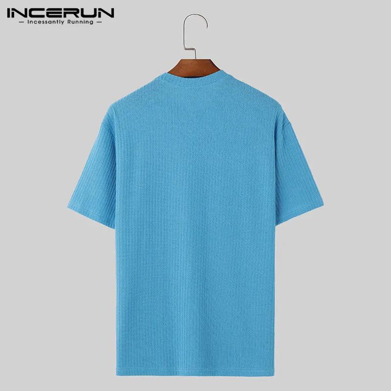 INCERUN Tops 2024 Style coréen Hommes Solide Simple Tricoté Tissu T-shirts Décontracté Bien Ajusté O-cou Manches Courtes Camiseta S-5XL