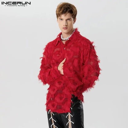 INCERUN Tops 2023 American Style Mens Stage Hot Selling Plume Tassel Design Shirts Casual Fashion Male Long Sleeved Blouse S-5XL