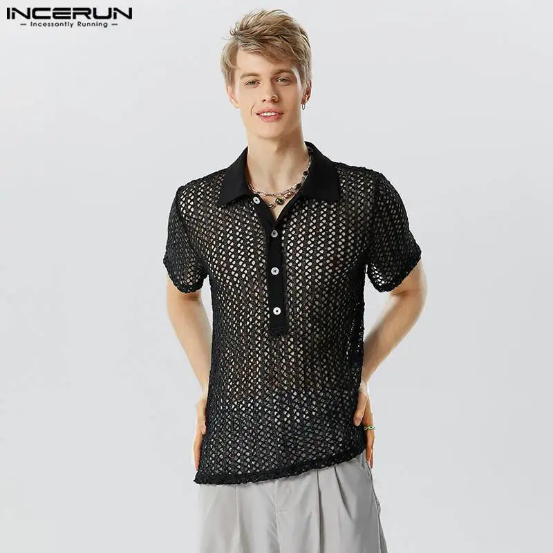 INCERUN Tops 2023 American Style Men's See-through Mesh Hollowed Shirts Casual Sexy Male Solid Short Sleeved Lapel Blouse S-5XL