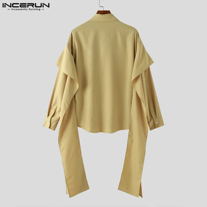 INCERUN Tops 2024 American Style Handsome Men's Flounce Patchwork Shirts Fashionable Male Solid Lapel Long Sleeved Blouse S-5XL