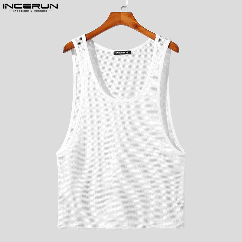 Men Tank Tops Mesh Transparent O-neck Sleeveless Breathable Sexy Male Vests Solid Fashion Streetwear 2023 Men Clothing INCERUN