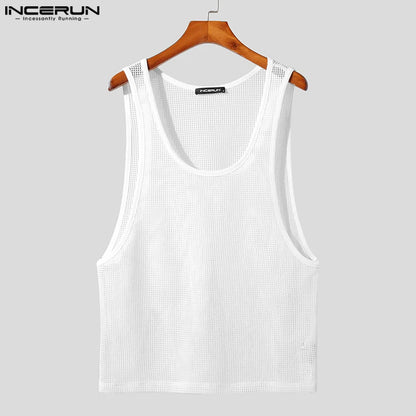 Men Tank Tops Mesh Transparent O-neck Sleeveless Breathable Sexy Male Vests Solid Fashion Streetwear 2023 Men Clothing INCERUN