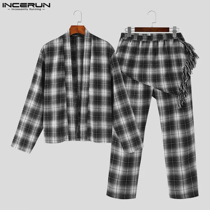 INCERUN 2024 American Style New Men Sets Plaid Cardigan Fake Two-piece Design Long Pants Casual Streetwear Two-piece Sets S-5XL