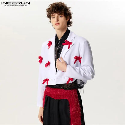 INCERUN Tops 2024 American Style Mens Ribbon Knot Decoration Design Blazer Handsome Male Hot Sale Short Sleeved Suit Coats S-5XL