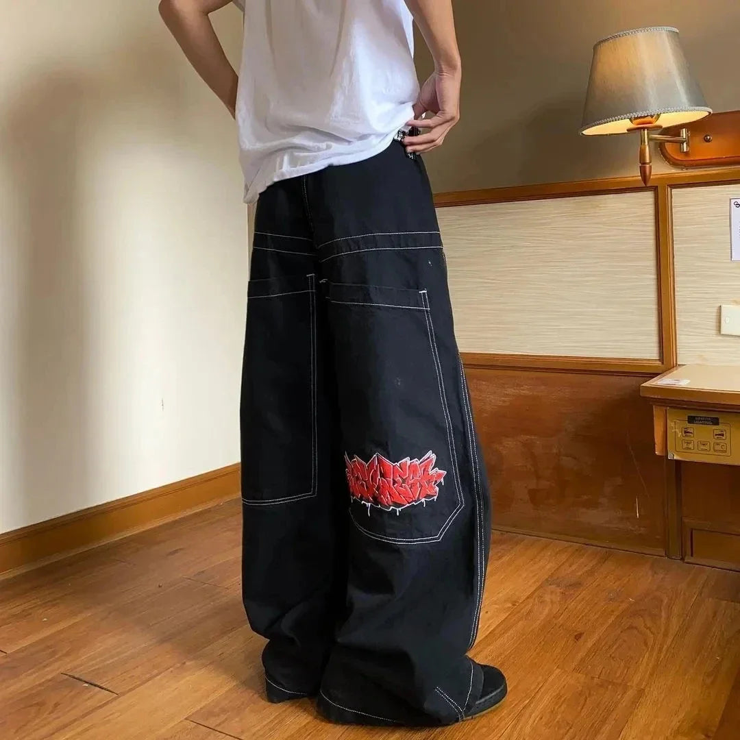 HOUZHOU Y2k Street Fashion Jeans Hip Hop Vintage Letter Print Large Baggy Jeans Harajuku Casual Gothic Wide Leg Denim Pants