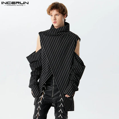 2024 Men Irregular Shirt Striped Turtleneck Long Sleeve Off Shoulder Loose Men Clothing Streetwear Casual Camisas S-5XL INCERUN