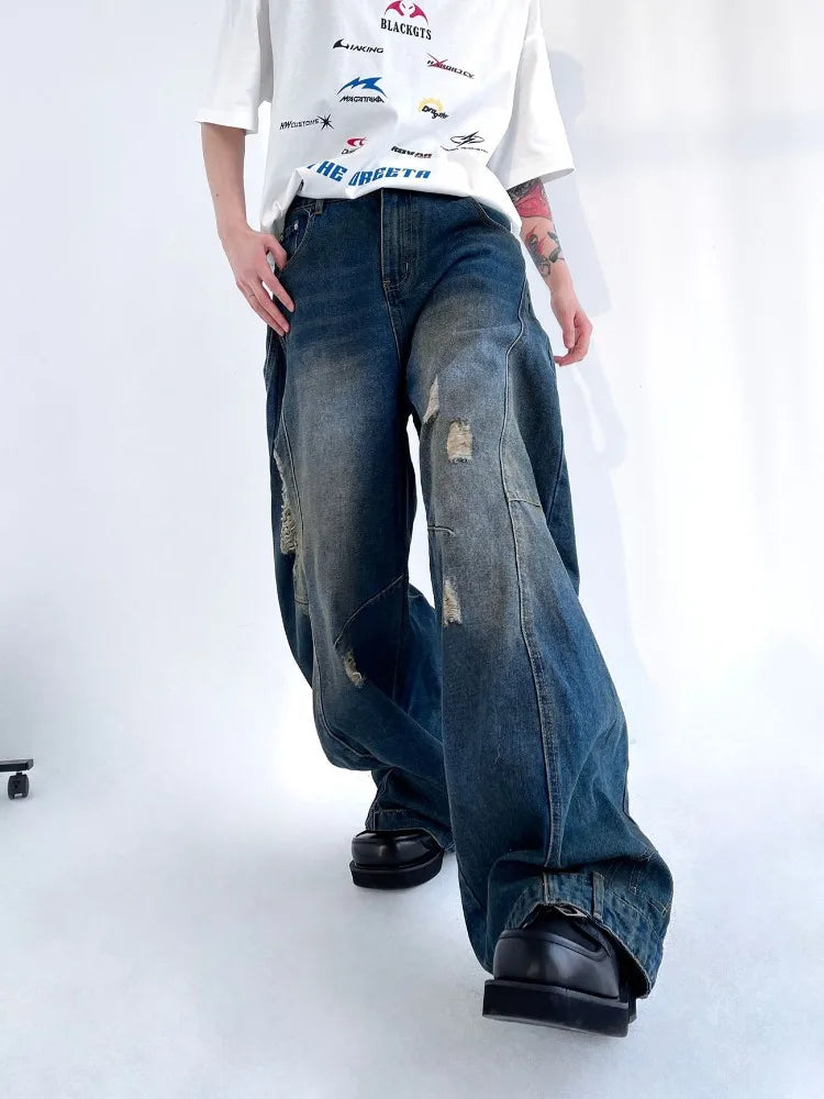 HOUZHOU Hip Hop Zerrissene Jeans Männer High Street Männlichen Distressed Denim Breite Bein Hosen Casual Hosen Vintage