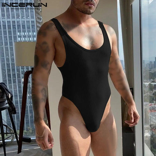 Combinaison sexy à la mode pour homme INCERUN - Combinaison confortable et unie - Combinaison décontractée à rayures fines sans manches - S-5XL