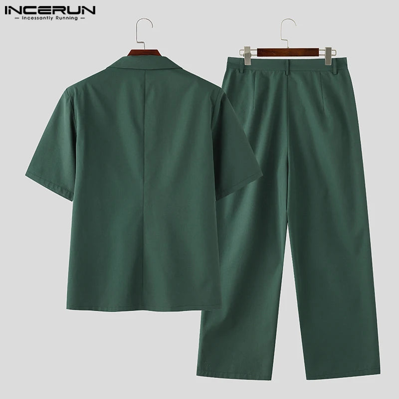 INCERUN 2024 Korean Style New Men Sets Short Sleeved Suit Jacket Long Pants Fashion Simple Male Suit Collar Two-piece Sets S-5XL