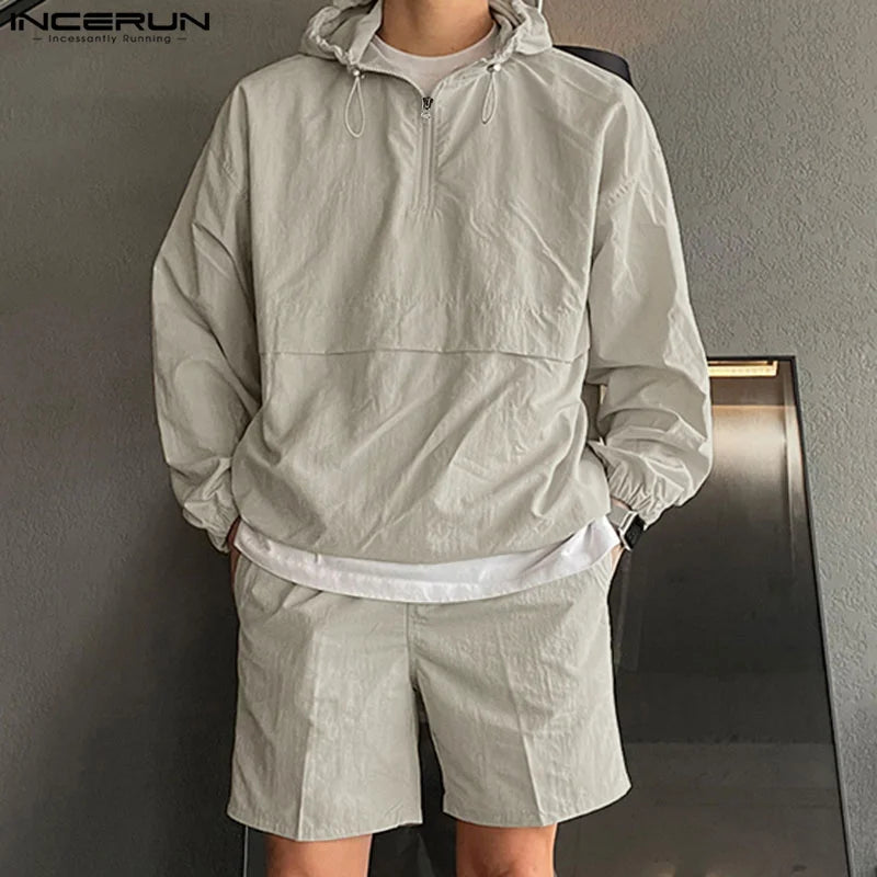 Fashion Casual Mens Sets INCERUN 2024 Hooded Sweatshirt Shorts Streetwear Male Hot Selling Hooded Sweatshirt Suit 2 Pieces S-5XL