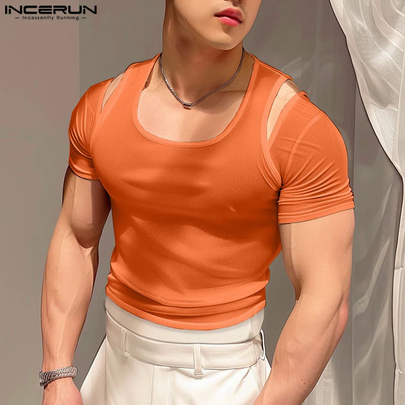 INCERUN Tops 2024 Korean Style Fashion Men's Sexy U-shaped Neck T-shirt Casual Male Shoulder Hollow Short Sleeved Camiseta S-5XL