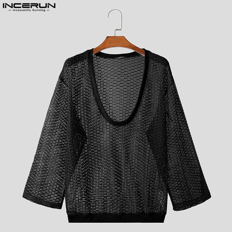 Party Nightclubs Style Tops INCERUN Men's Sexy Deep V-hollowed Mesh T-shirts Summer Casual Thin Three-quarter Sleeve Tees S-5XL