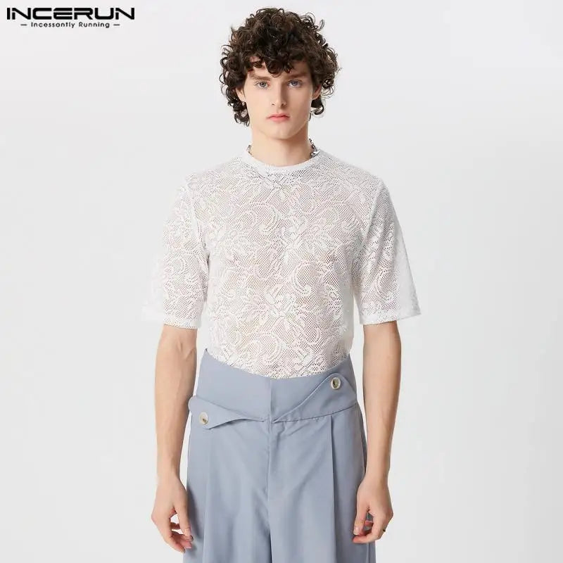 INCERUN Tops 2024 American Style Fashion New Men's Lace Jacquard Design T-shirts Casual Male O-neck Short Sleeved Camiseta S-5XL