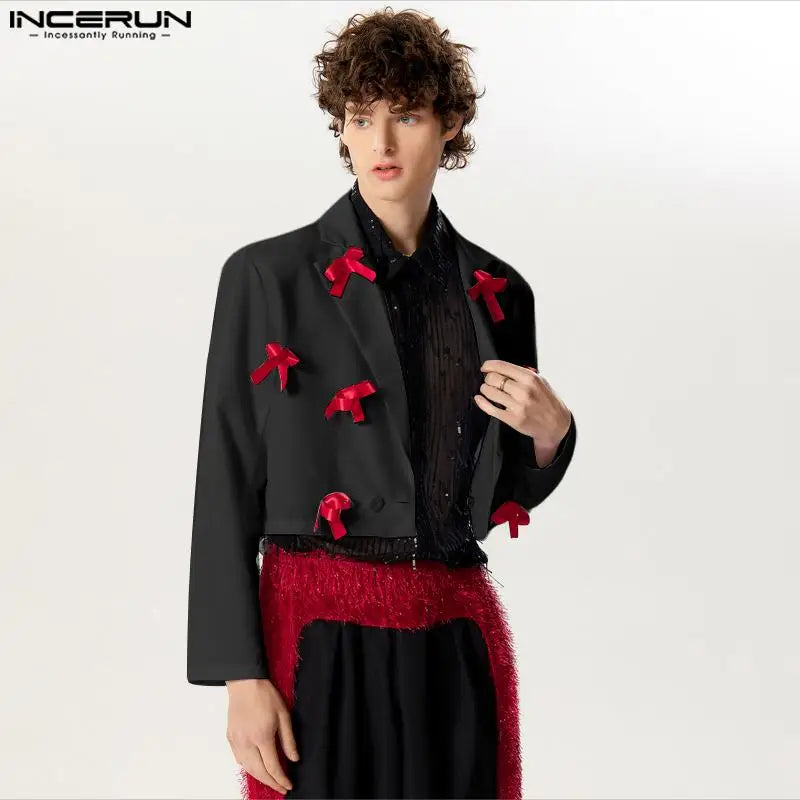 INCERUN Tops 2024 American Style New Men Ribbon Knot Decoration Design Blazer Fashion Casual Male Short Sleeved Suit Coats S-5XL