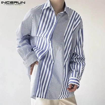 Hübsche, gut sitzende Oberteile INCERUN Herrenhemden mit gestreiftem Patchwork-Design, lässig, modisch, langärmelig, Reversbluse für Männer, S-5XL