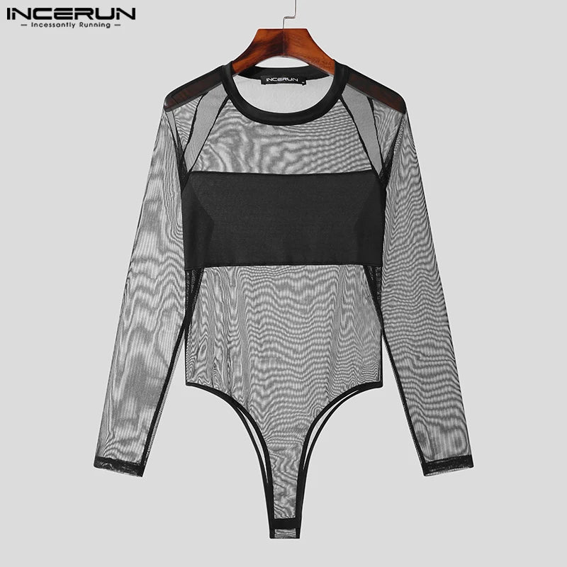 Men Bodysuits Mesh Patchwork O-neck Long Sleeve Sexy Rompers Male T Shirts Fitness Transparent 2023 Fashion Bodysuit INCERUN