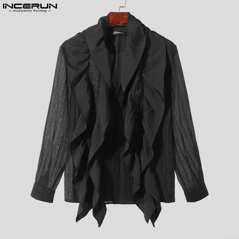 Handsome Well Fitting Tops INCERUN Men Ruffled Ribbon Shirts Fashion Solid Hollow Slightly Transparent Long Sleeved Blouse S-5XL