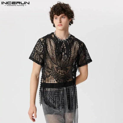 INCERUN Tops 2024 American Style Fashion Men's Lace Perspective Tassel Cropped T-shirts Sexy O-neck Short Sleeved Camiseta S-5XL