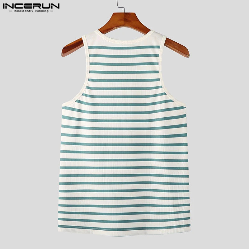 2023 Fashion Men Tank Tops Striped O-neck Sleeveless Button Streetwear Vests Fitness Summer Casual Men Clothing S-5XL INCERUN