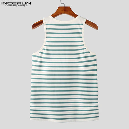 2023 Fashion Men Tank Tops Striped O-neck Sleeveless Button Streetwear Vests Fitness Summer Casual Men Clothing S-5XL INCERUN