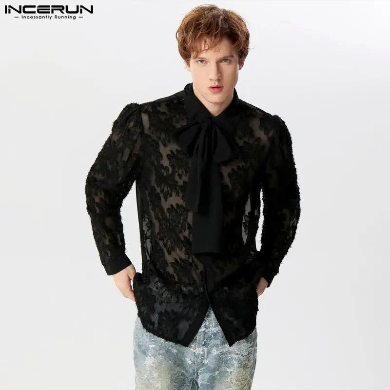 INCERUN Tops 2024 Fashion Men Ribbon Jacquard Feather Shirts Handsome Male Personality Plush Patchwork Long Sleeved Blouse S-5XL