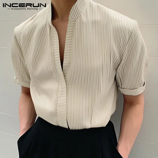 INCERUN Tops 2024 Koreanische Stil Neue Männer Gestreiften Stehkragen Design Shirts Freizeit Streetwear Heißer Verkauf Kurzarm Bluse S-5XL