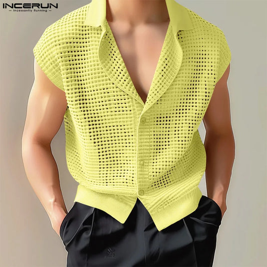 INCERUN Tops 2024 Korean Style Sexy Fashion Mens Hollow Mesh Design Shirts Casual Streetwear Male Summer Sleeveless Blouse S-5XL